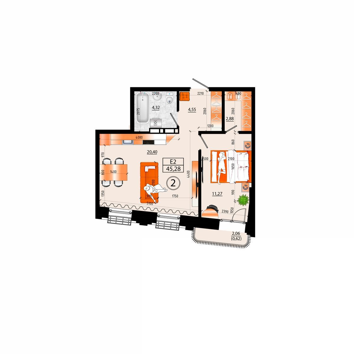 3-комнатная, 45.28 м², № Д-2 в Sunrise (Санрайс)