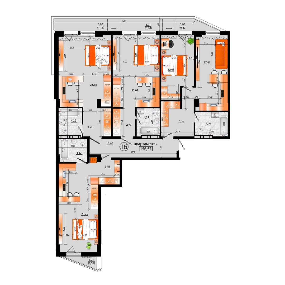 1-комнатная, 156.57 м², № А-16 в Sunrise (Санрайс)