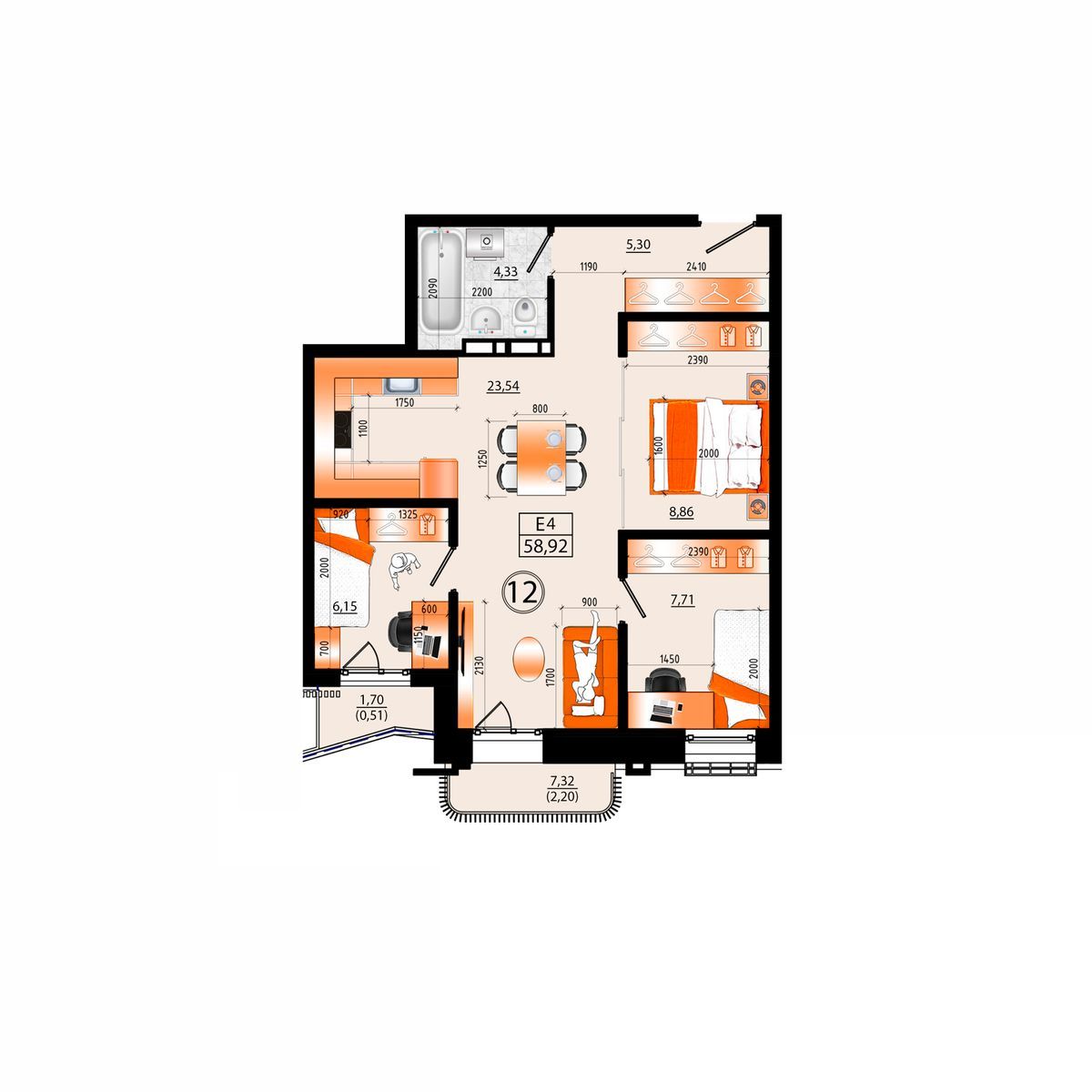 4-комнатная, 58.92 м², № А-12 в Sunrise (Санрайс)