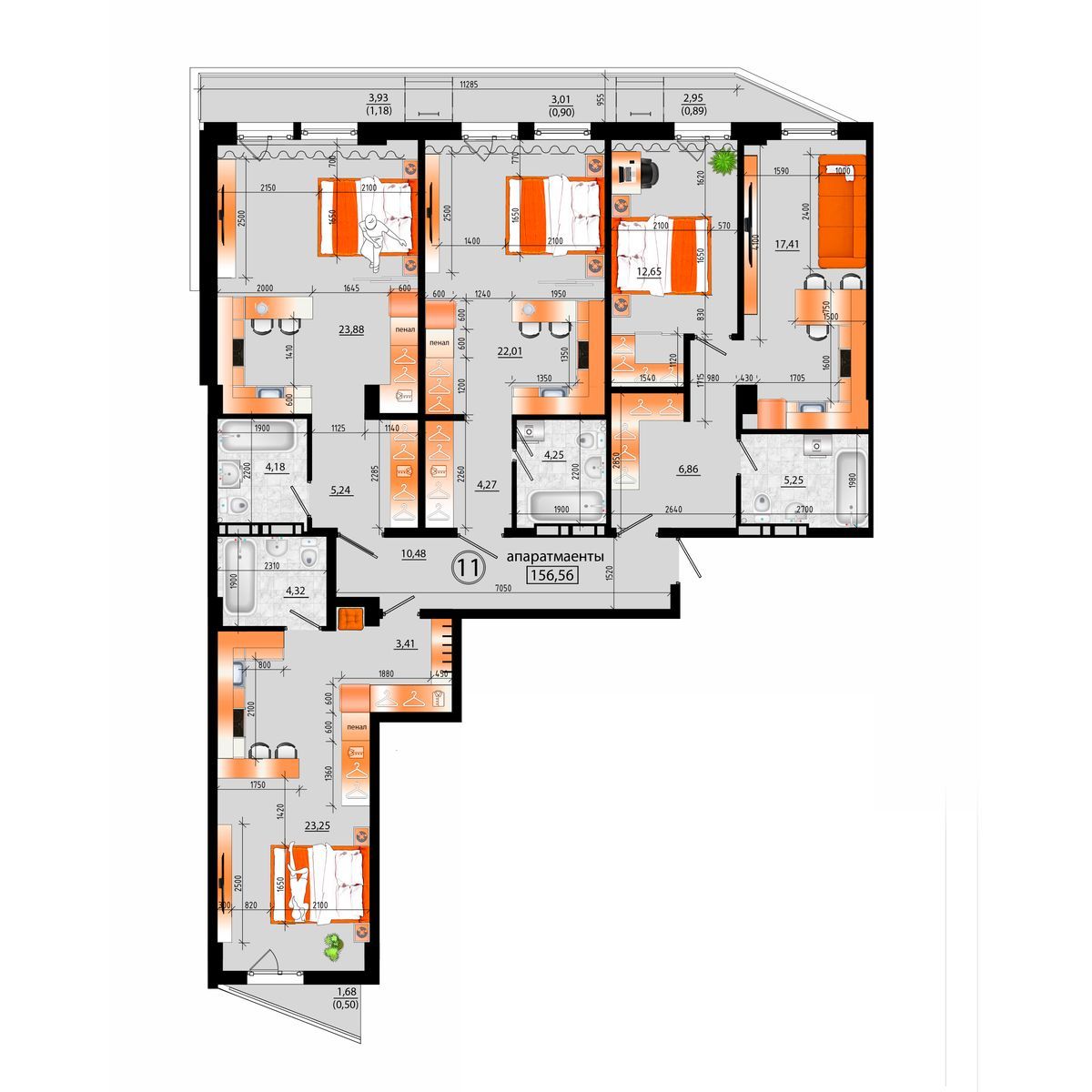 1-комнатная, 156.56 м², № А-11 в Sunrise (Санрайс)