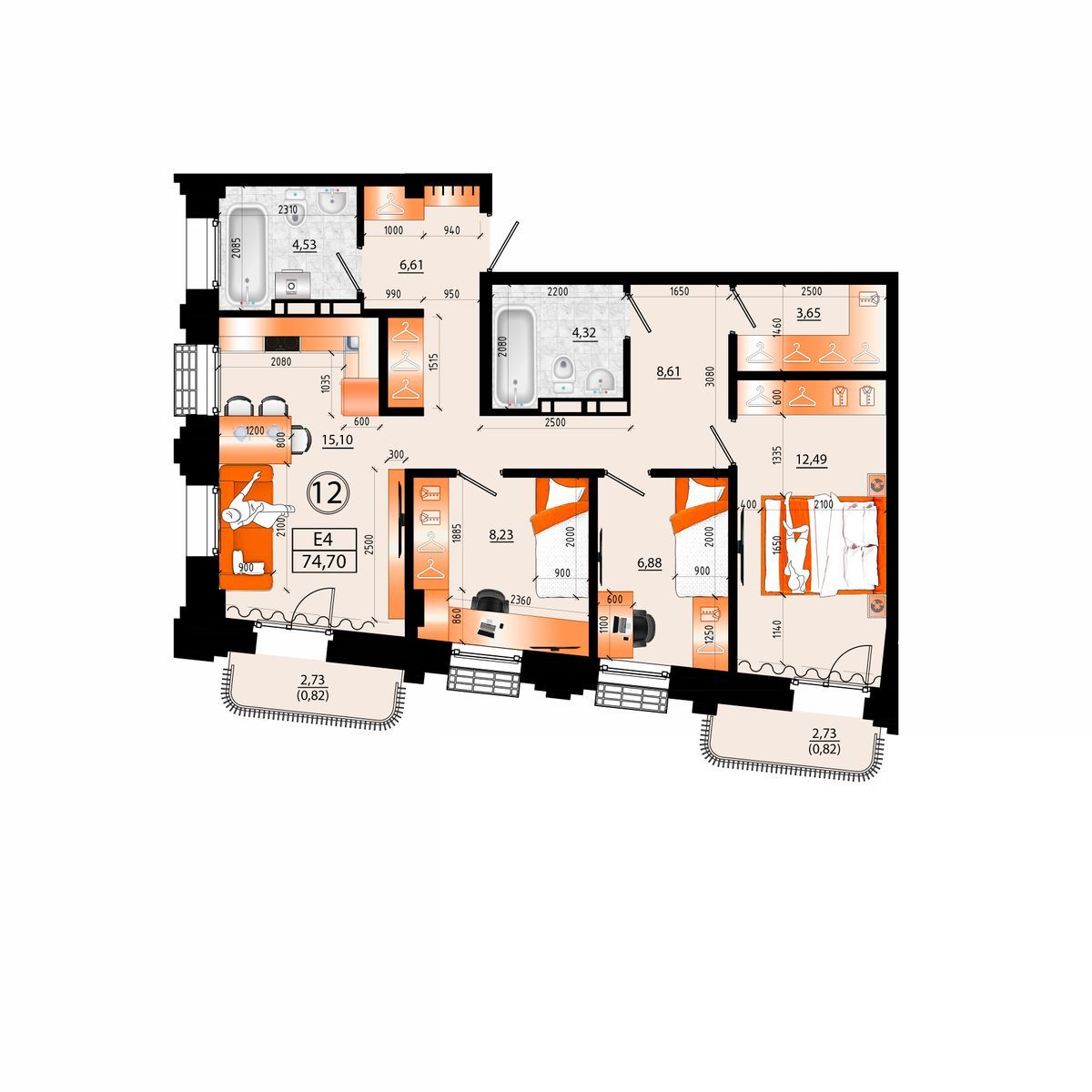 3-комнатная, 57.45 м², № Е-13 в Sunrise (Санрайс)