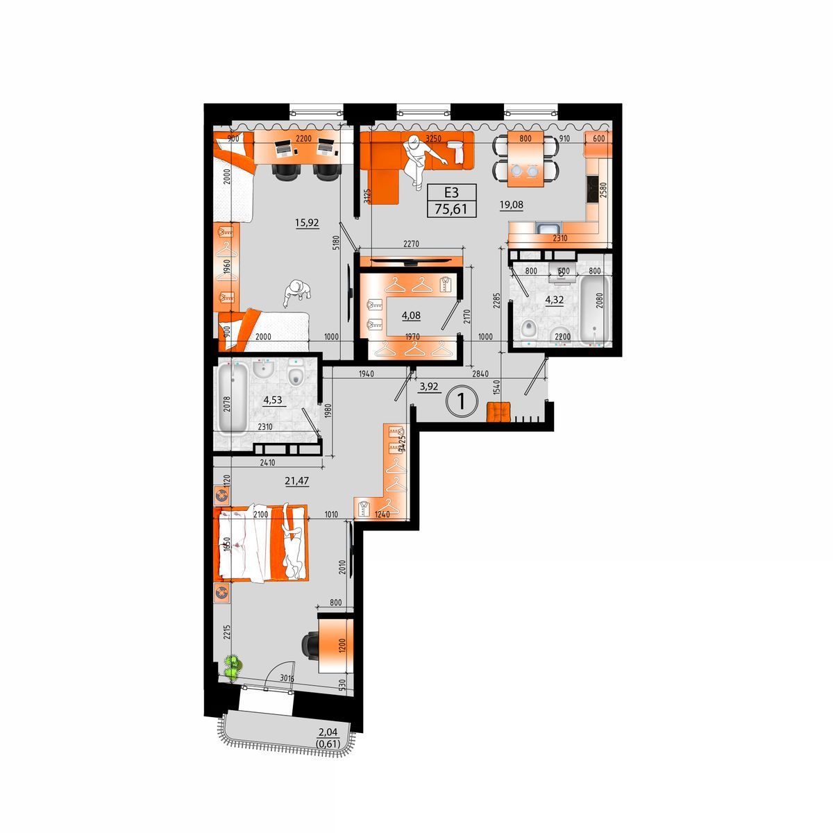 4-комнатная, 75.61 м², № В-1 в Sunrise (Санрайс)