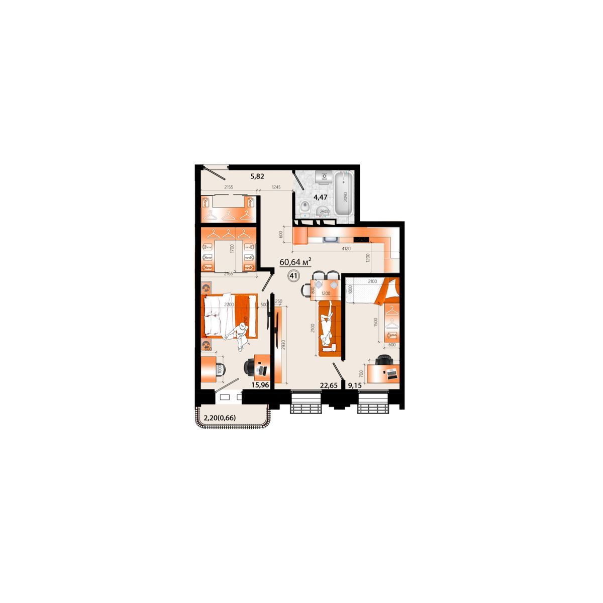 3-комнатная, 60.64 м², № Г-41 в Sunrise (Санрайс)