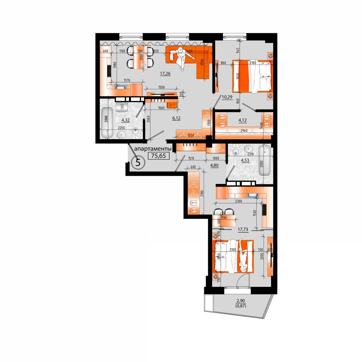 4-комнатная, 75.65 м², № Б-5 в Sunrise (Санрайс)