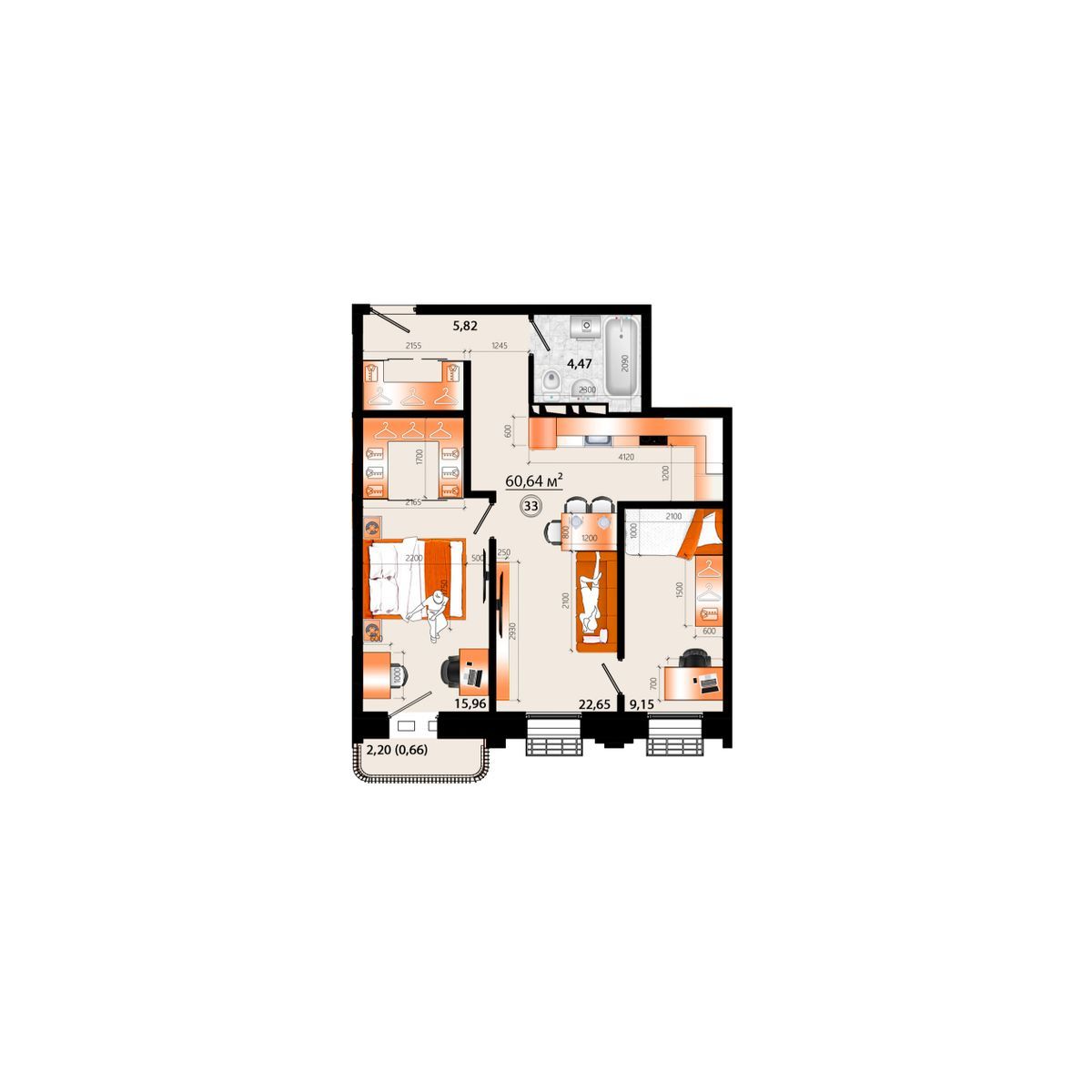 3-комнатная, 60.64 м², № Г-33 в Sunrise (Санрайс)