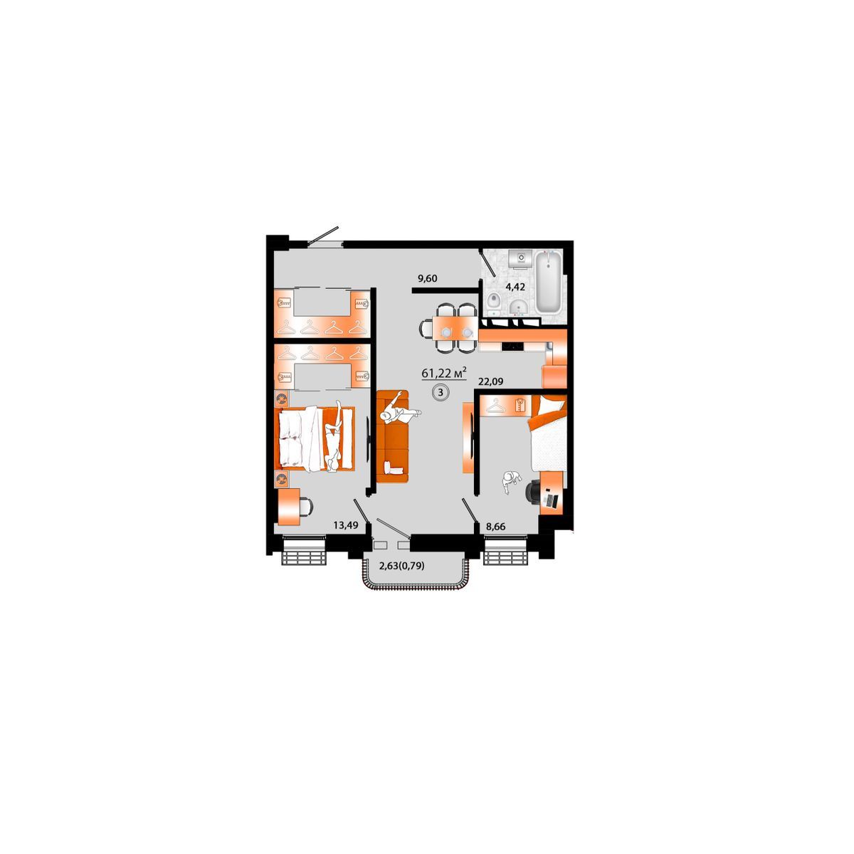 3-комнатная, 61.22 м², № Г-3 в Sunrise (Санрайс)