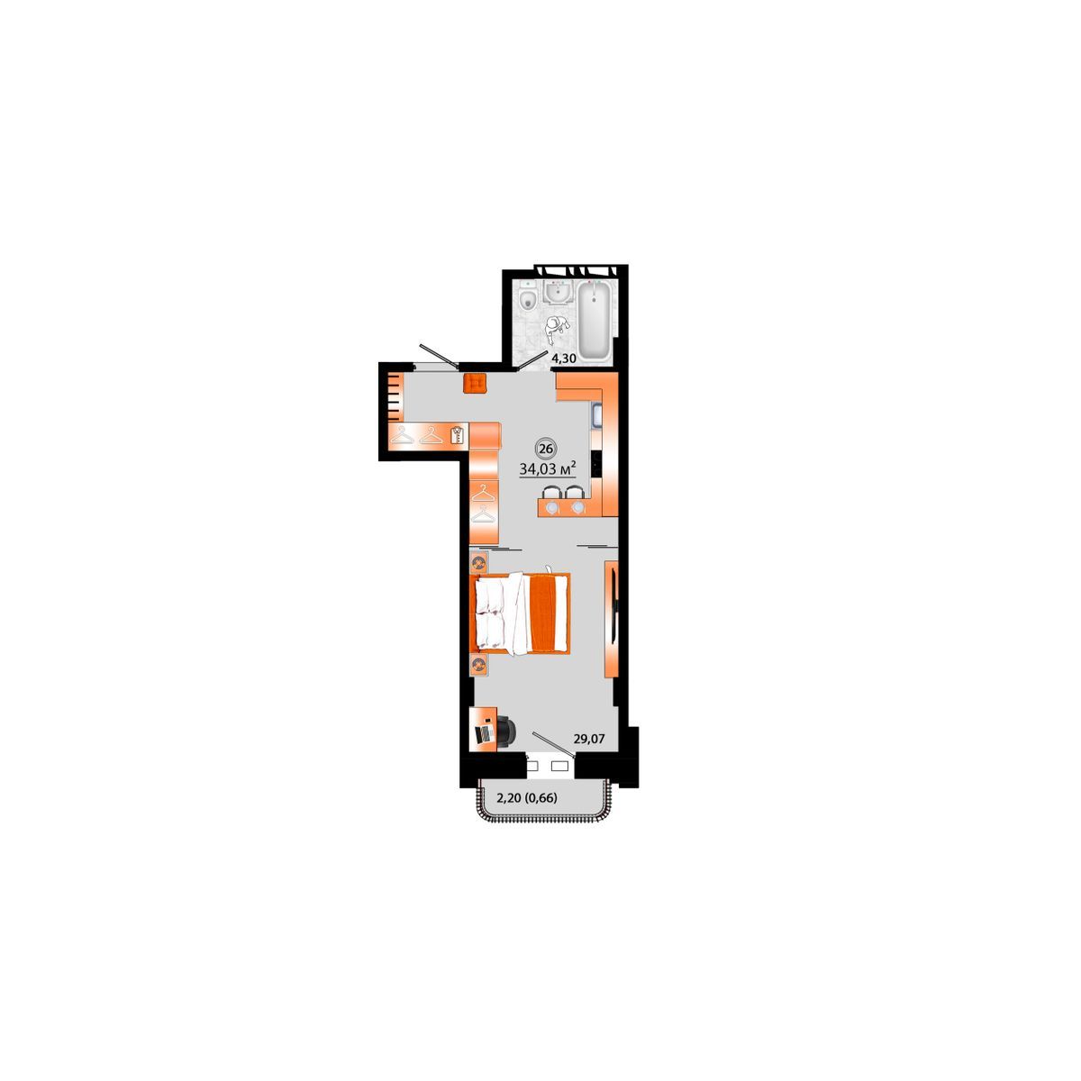 1-комнатная, 34.03 м², № Г-26 в Sunrise (Санрайс)