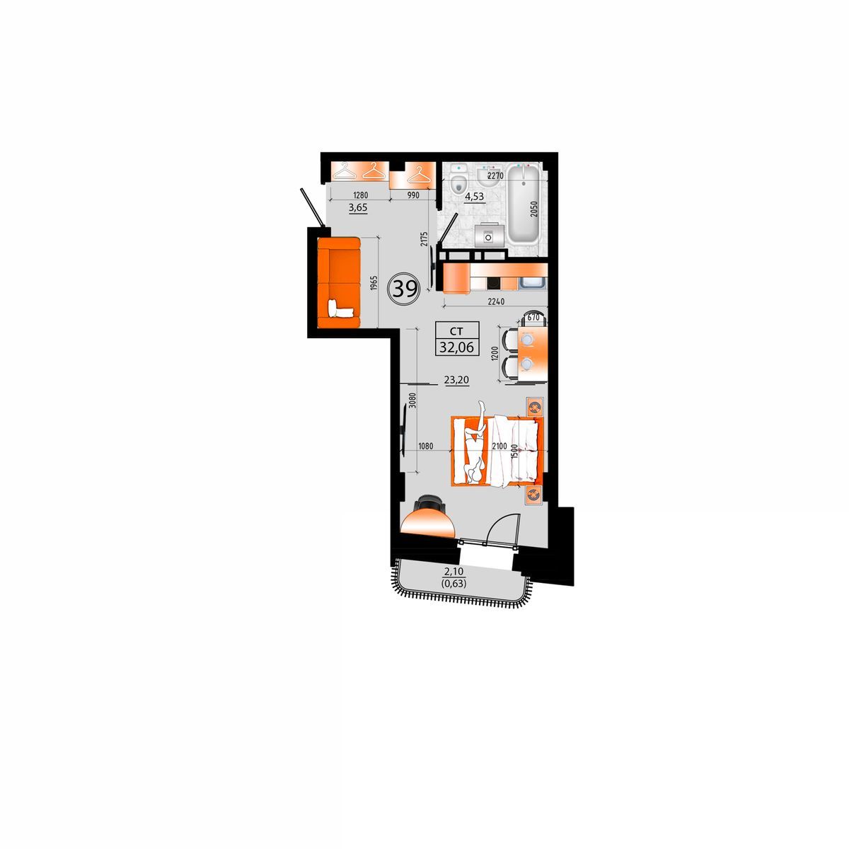 1-комнатная, 32.06 м², № Е-39 в Sunrise (Санрайс)