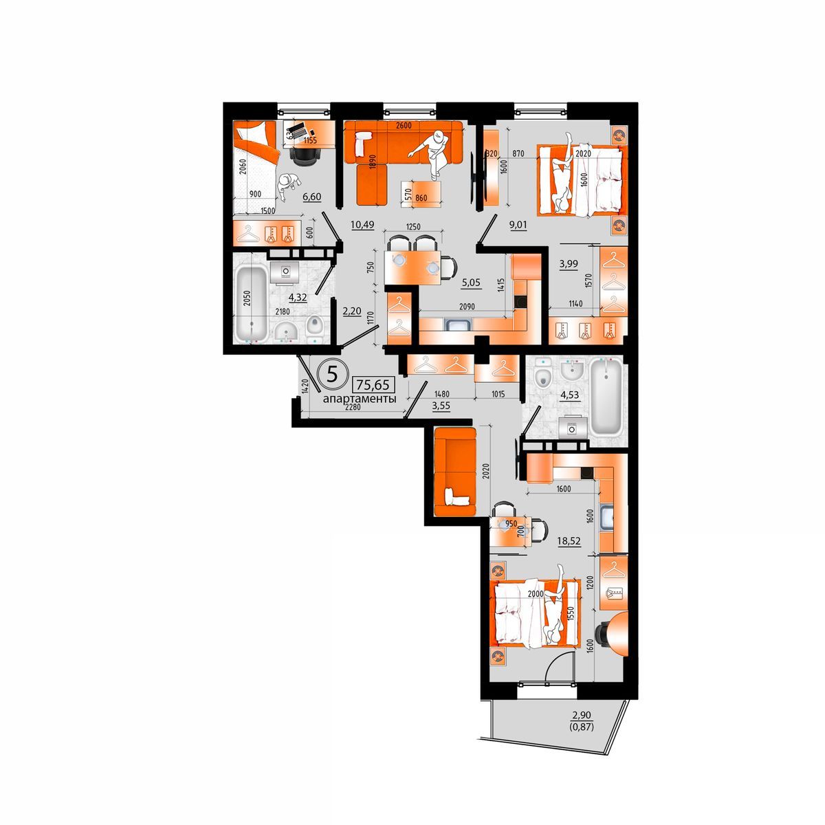 4-комнатная, 75.65 м², № Б-5 в Sunrise (Санрайс)
