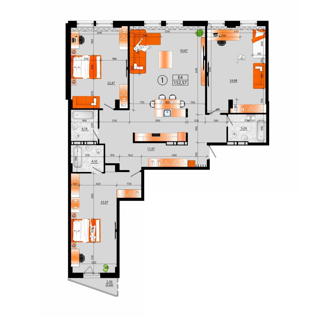 1-комнатная, 152.57 м², № А-1 в Sunrise (Санрайс)