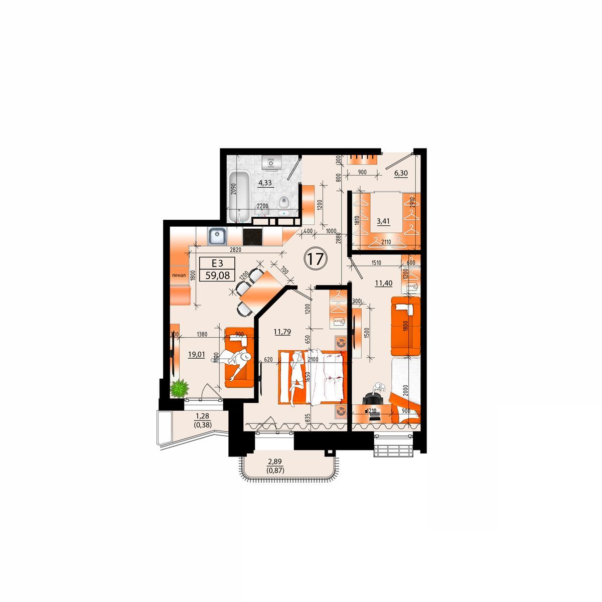 4-комнатная, 59.08 м², № А-17 в Sunrise (Санрайс)
