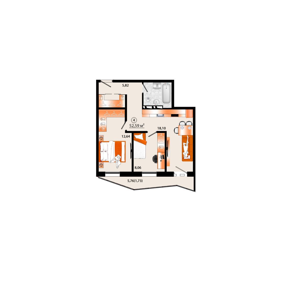 3-комнатная, 52.59 м², № Г-4 в Sunrise (Санрайс)