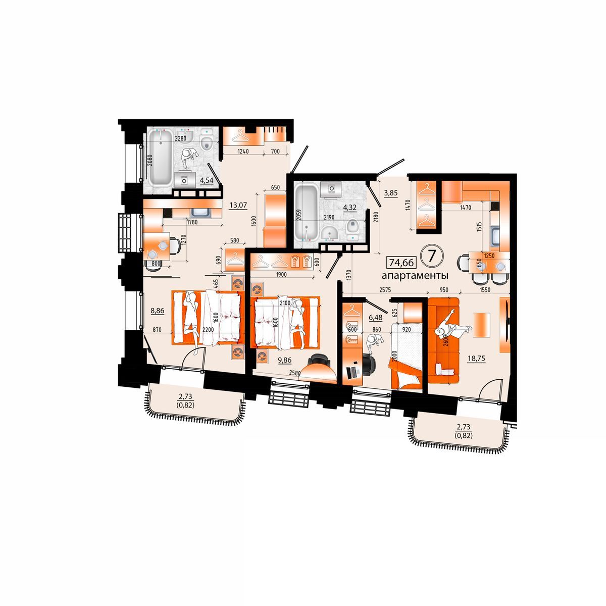 4-комнатная, 74.66 м², № Е-7 в Sunrise (Санрайс)