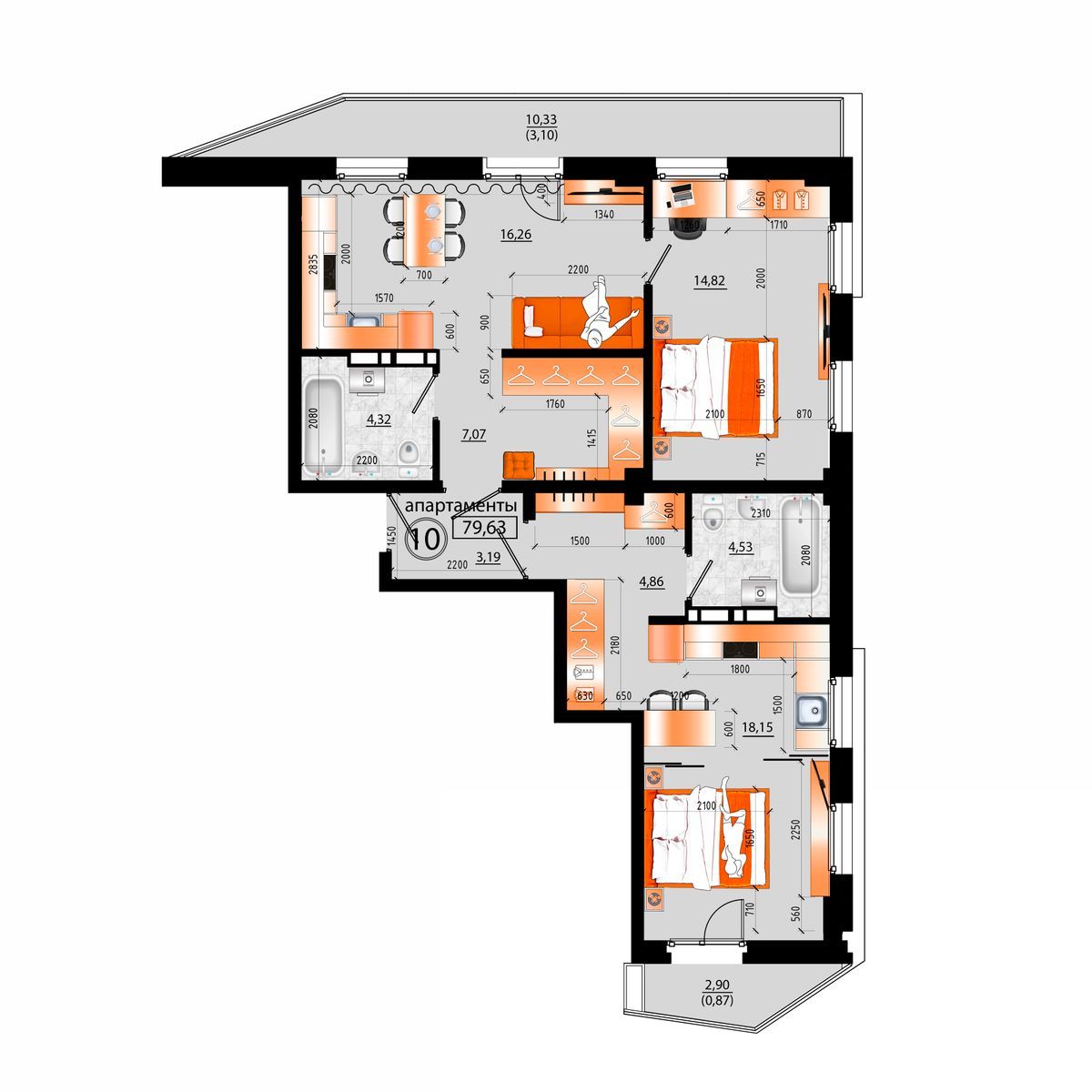 4-комнатная, 79.63 м², № Д-10 в Sunrise (Санрайс)