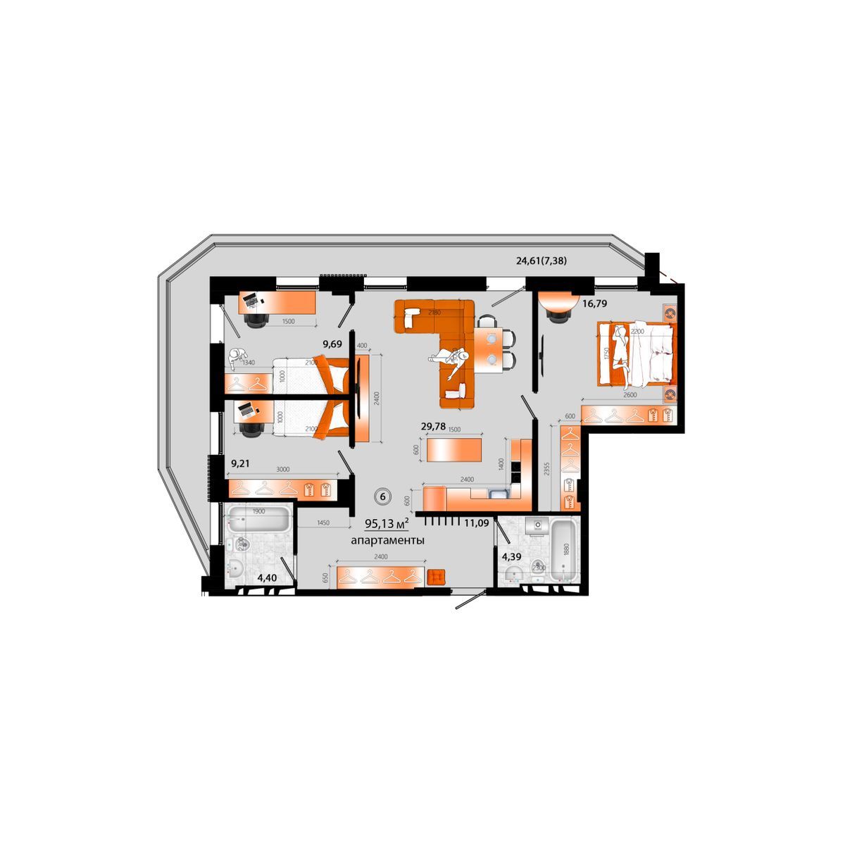 4-комнатная, 95.13 м², № Г-6 в Sunrise (Санрайс)