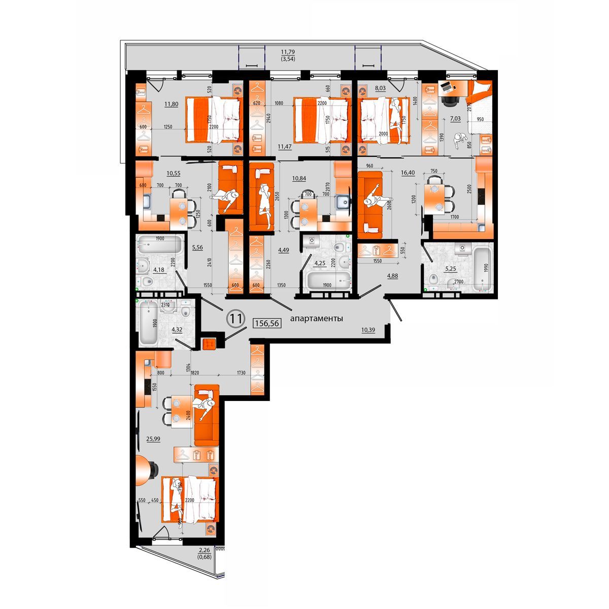1-комнатная, 156.56 м², № А-11 в Sunrise (Санрайс)