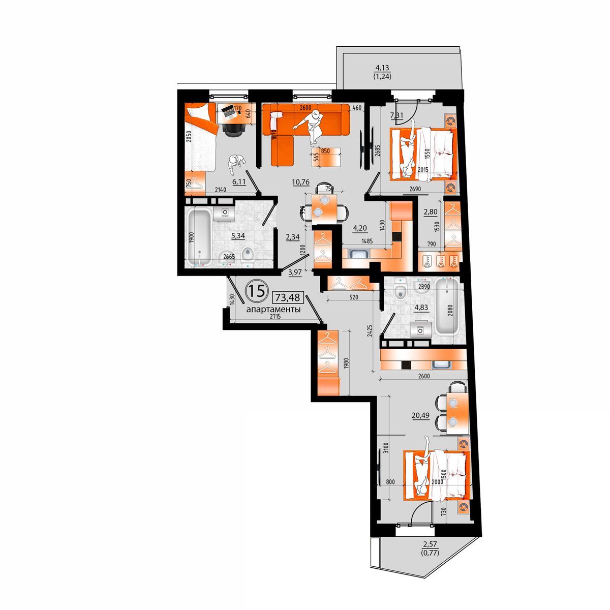 4-комнатная, 73.48 м², № В-15 в Sunrise (Санрайс)