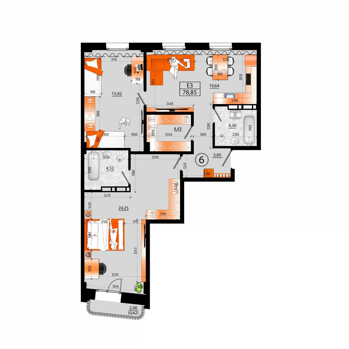 4-комнатная, 78.85 м², № Д-6 в Sunrise (Санрайс)