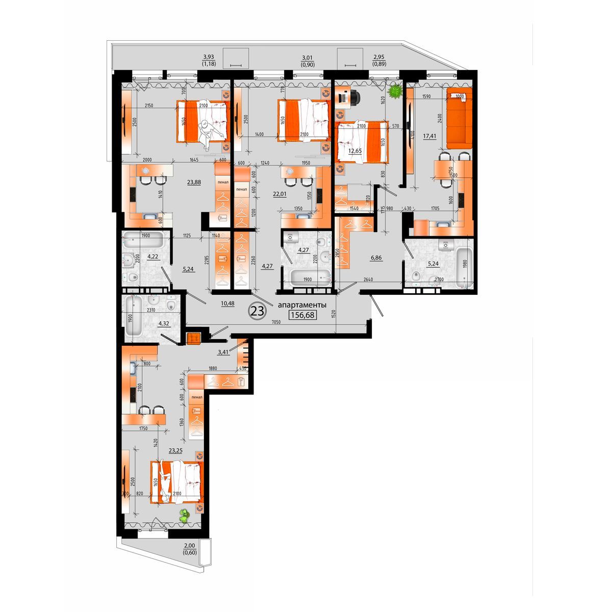 1-комнатная, 156.68 м², № А-23 в Sunrise (Санрайс)