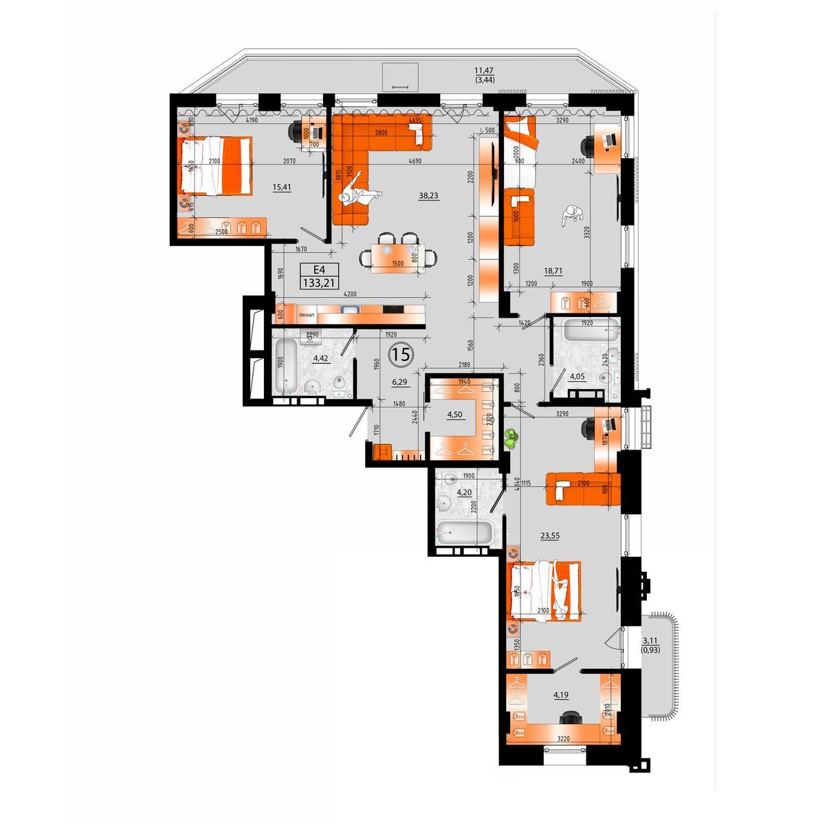 1-комнатная, 133.21 м², № А-15 в Sunrise (Санрайс)
