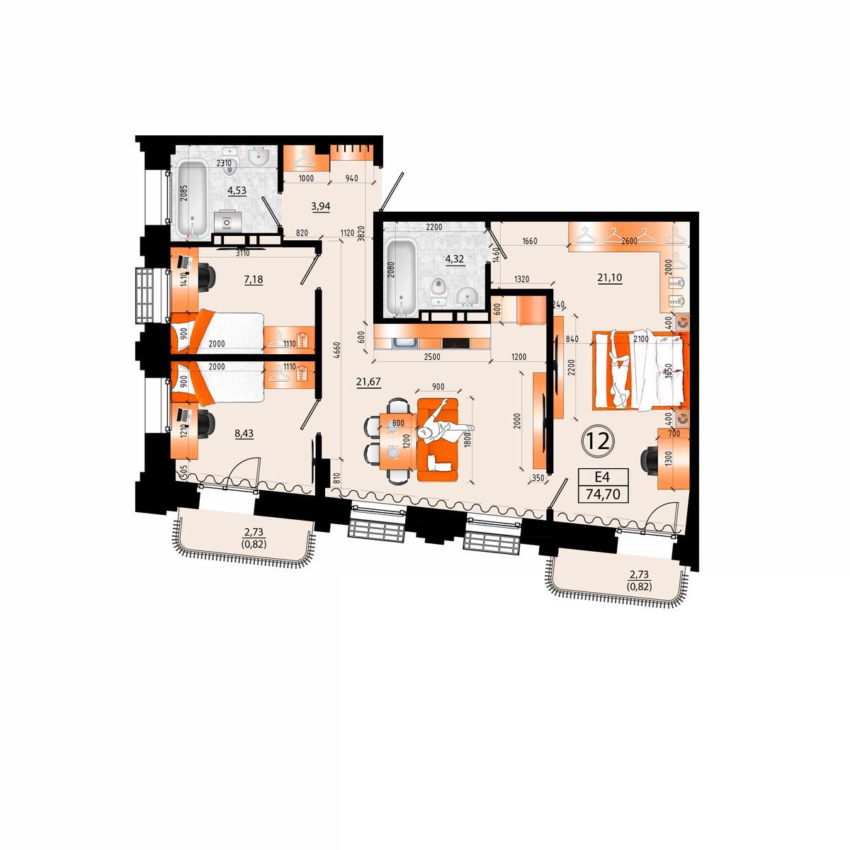 4-комнатная, 74.7 м², № Е-12 в Sunrise (Санрайс)