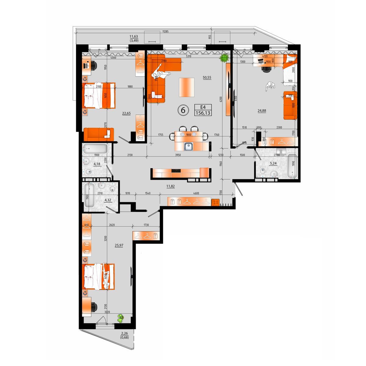 1-комнатная, 156.13 м², № А-6 в Sunrise (Санрайс)