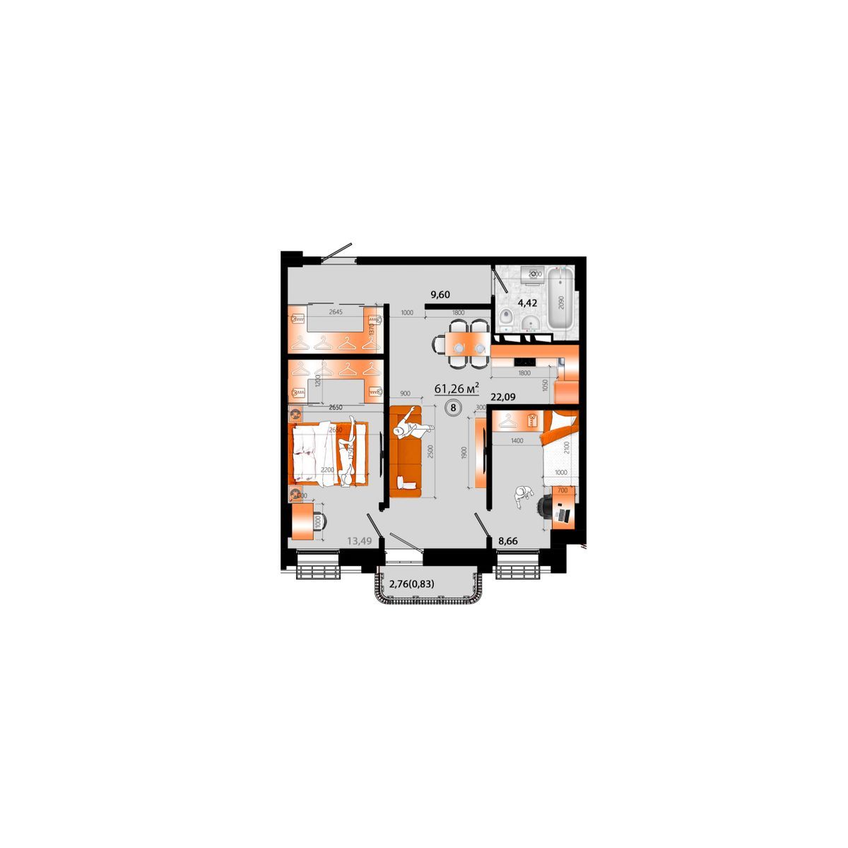 3-комнатная, 61.26 м², № Г-8 в Sunrise (Санрайс)