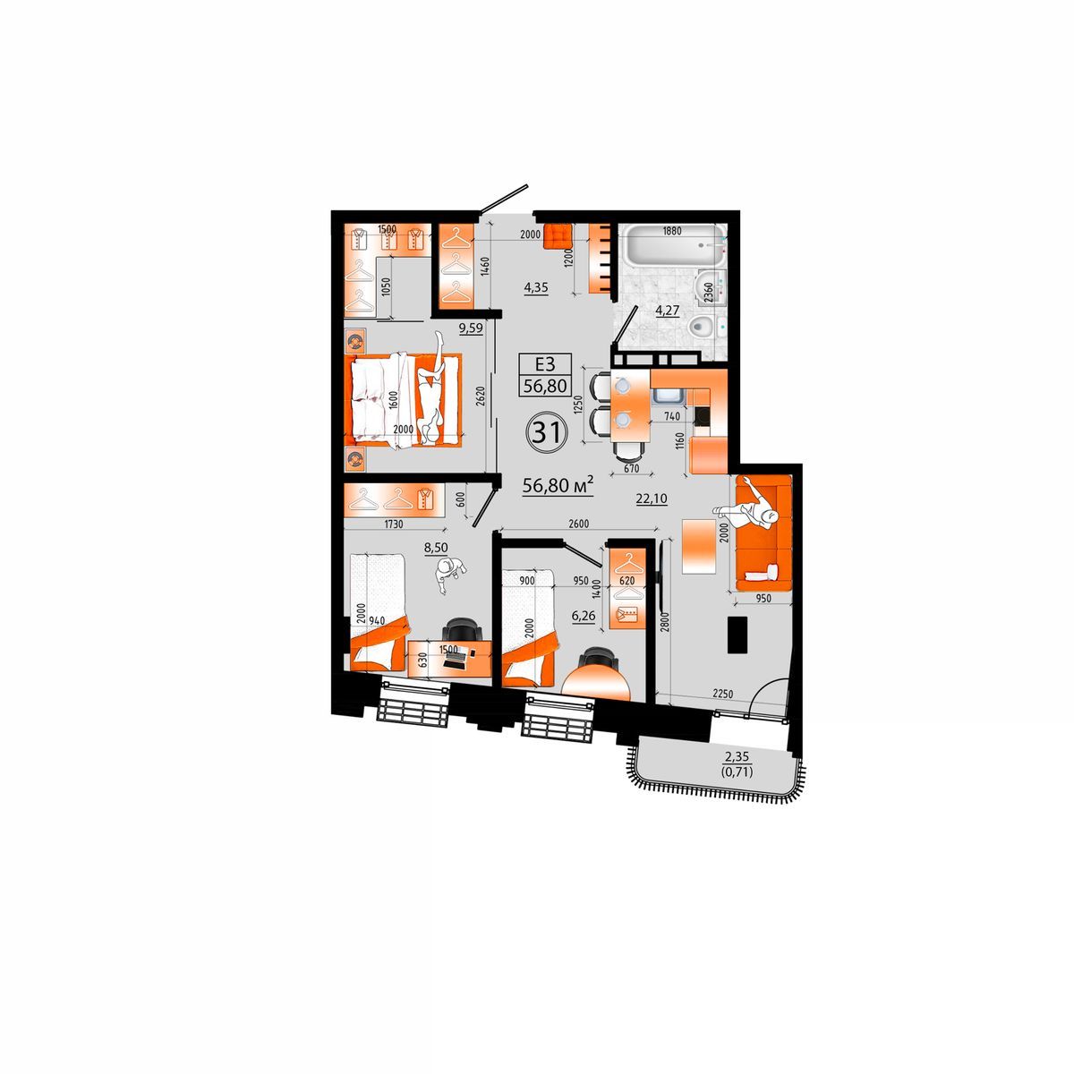 3-комнатная, 56.8 м², № Е-31 в Sunrise (Санрайс)