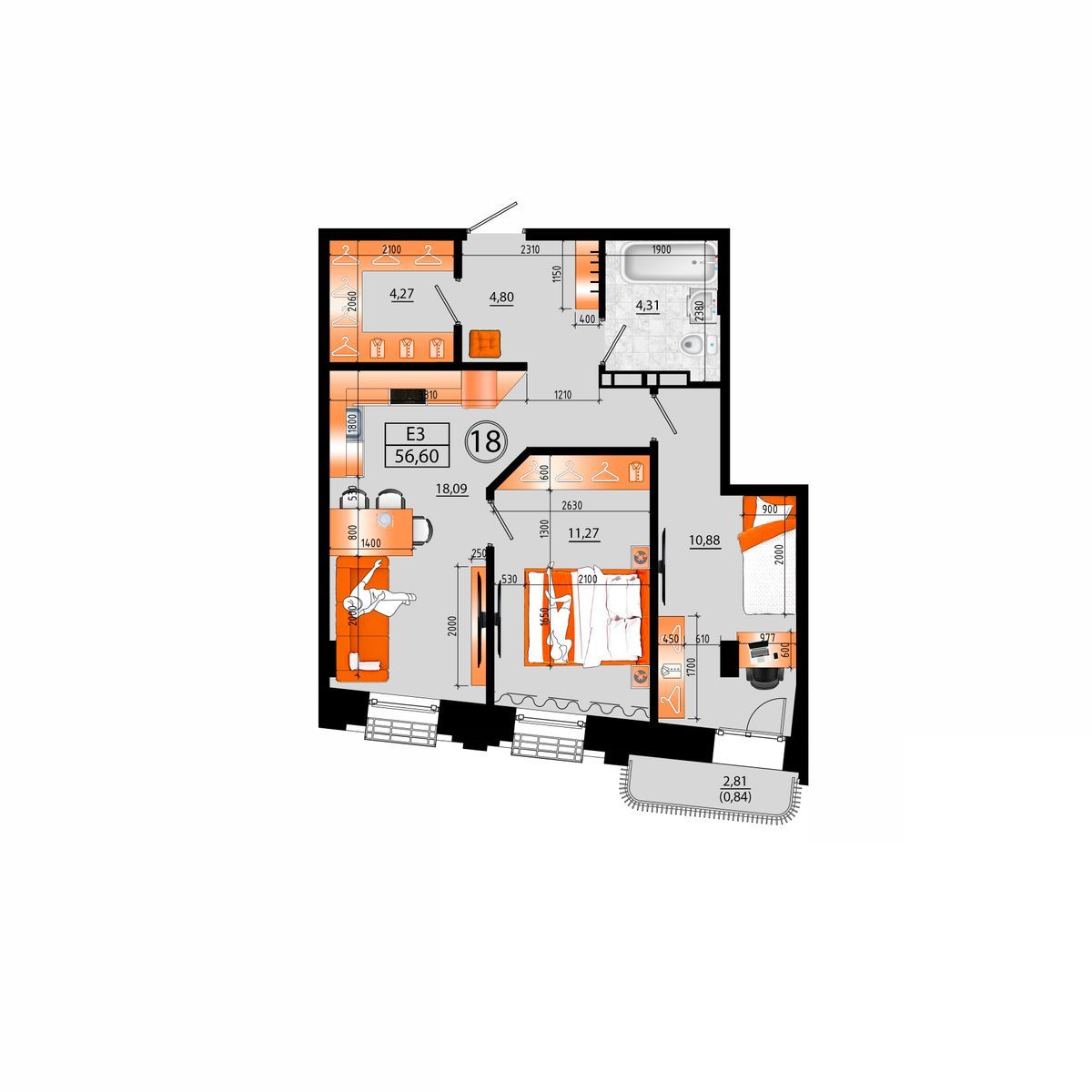3-комнатная, 56.6 м², № В-18 в Sunrise (Санрайс)