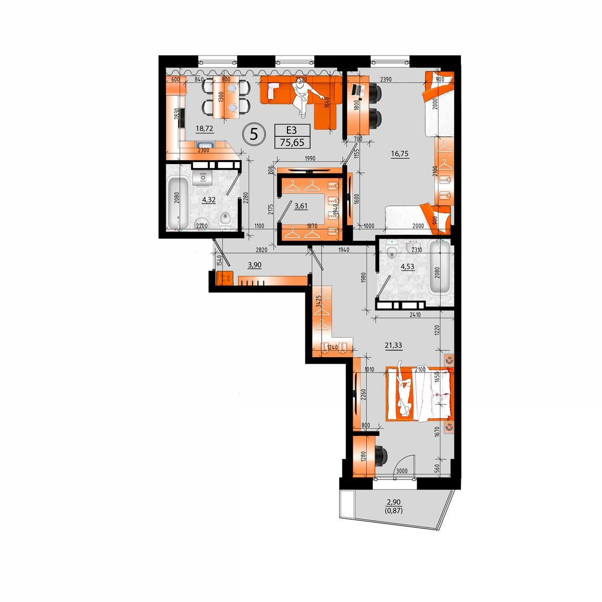 4-комнатная, 75.65 м², № Б-5 в Sunrise (Санрайс)