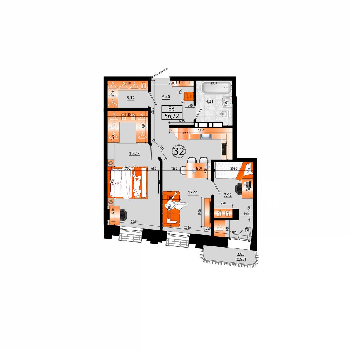 3-комнатная, 56.22 м², № В-32 в Sunrise (Санрайс)