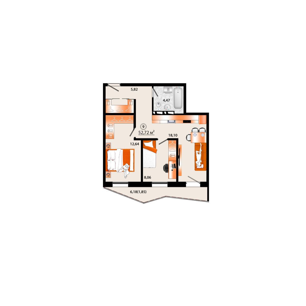 3-комнатная, 52.72 м², № Г-9 в Sunrise (Санрайс)