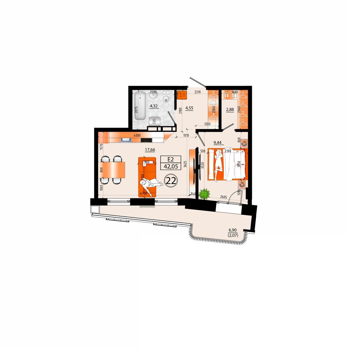 2-комнатная, 42.05 м², № Д-22 в Sunrise (Санрайс)