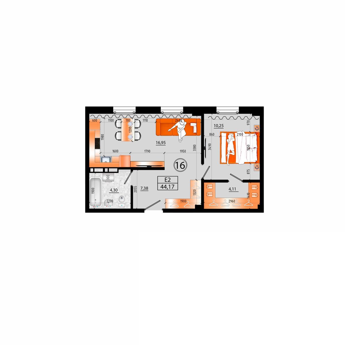 3-комнатная, 47.4 м², № Е-17 в Sunrise (Санрайс)