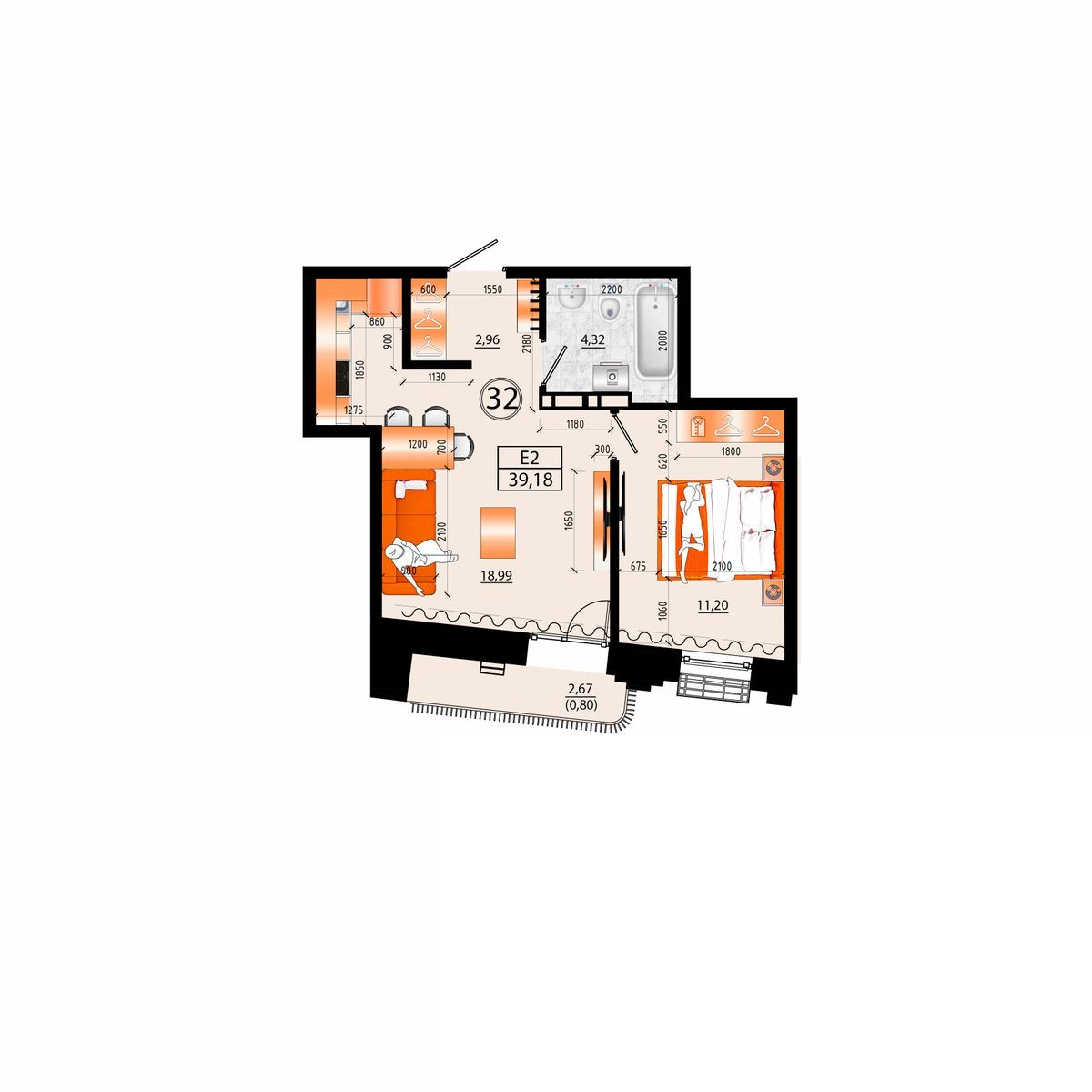2-комнатная, 39.18 м², № Е-32 в Sunrise (Санрайс)