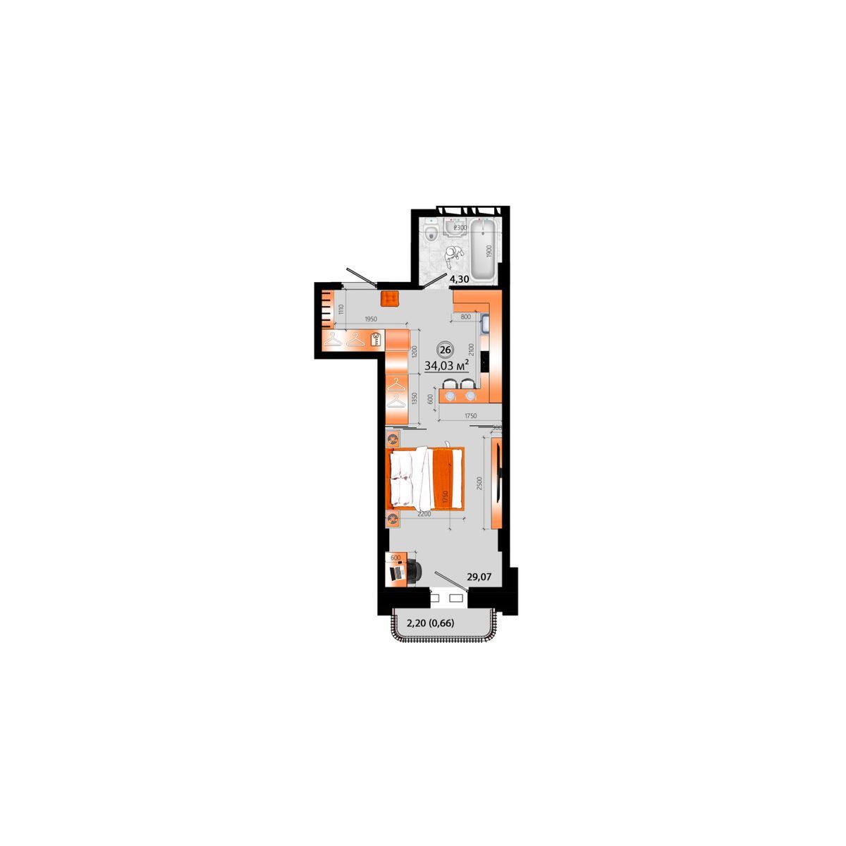 1-комнатная, 34.03 м², № Г-26 в Sunrise (Санрайс)