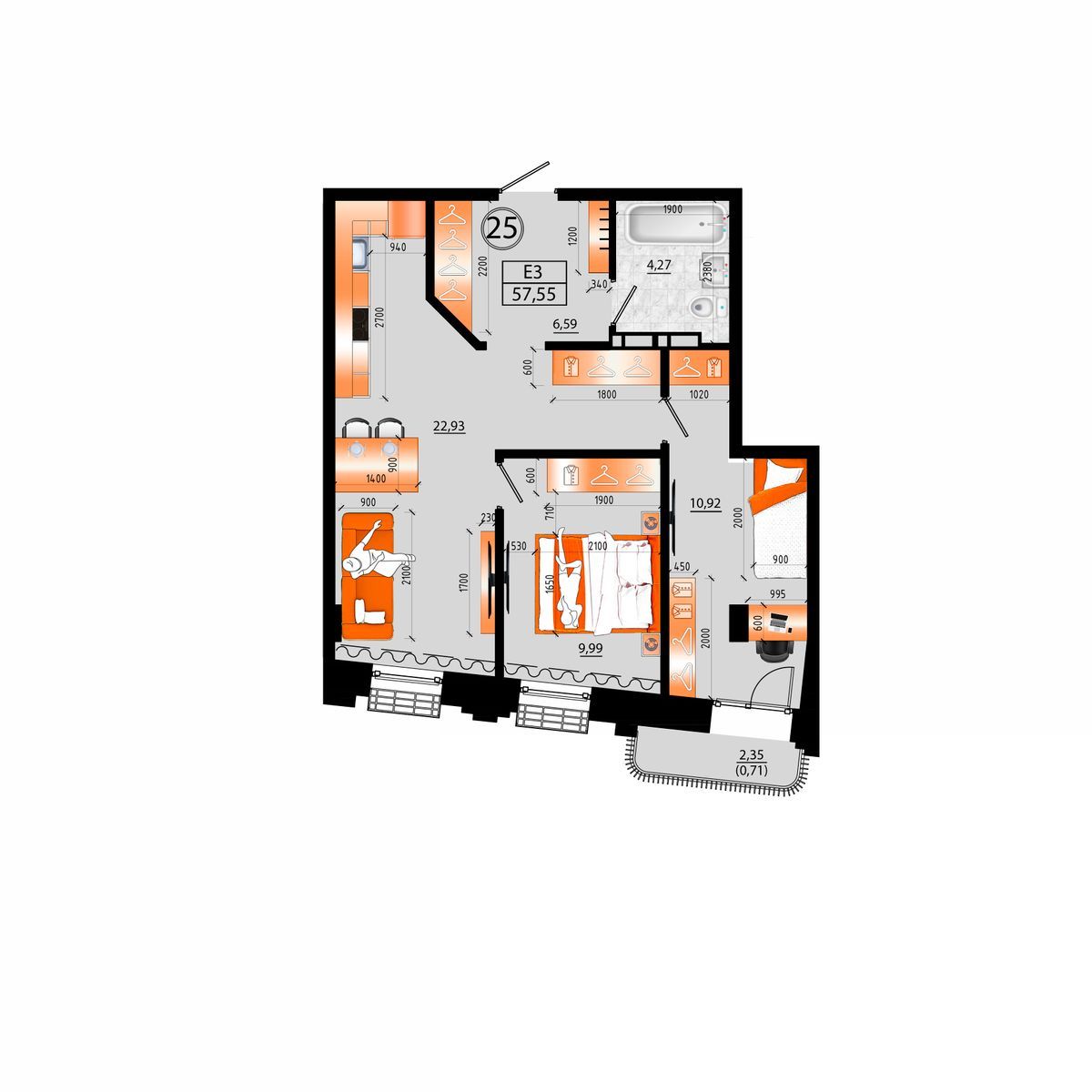 3-комнатная, 57.55 м², № Е-25 в Sunrise (Санрайс)