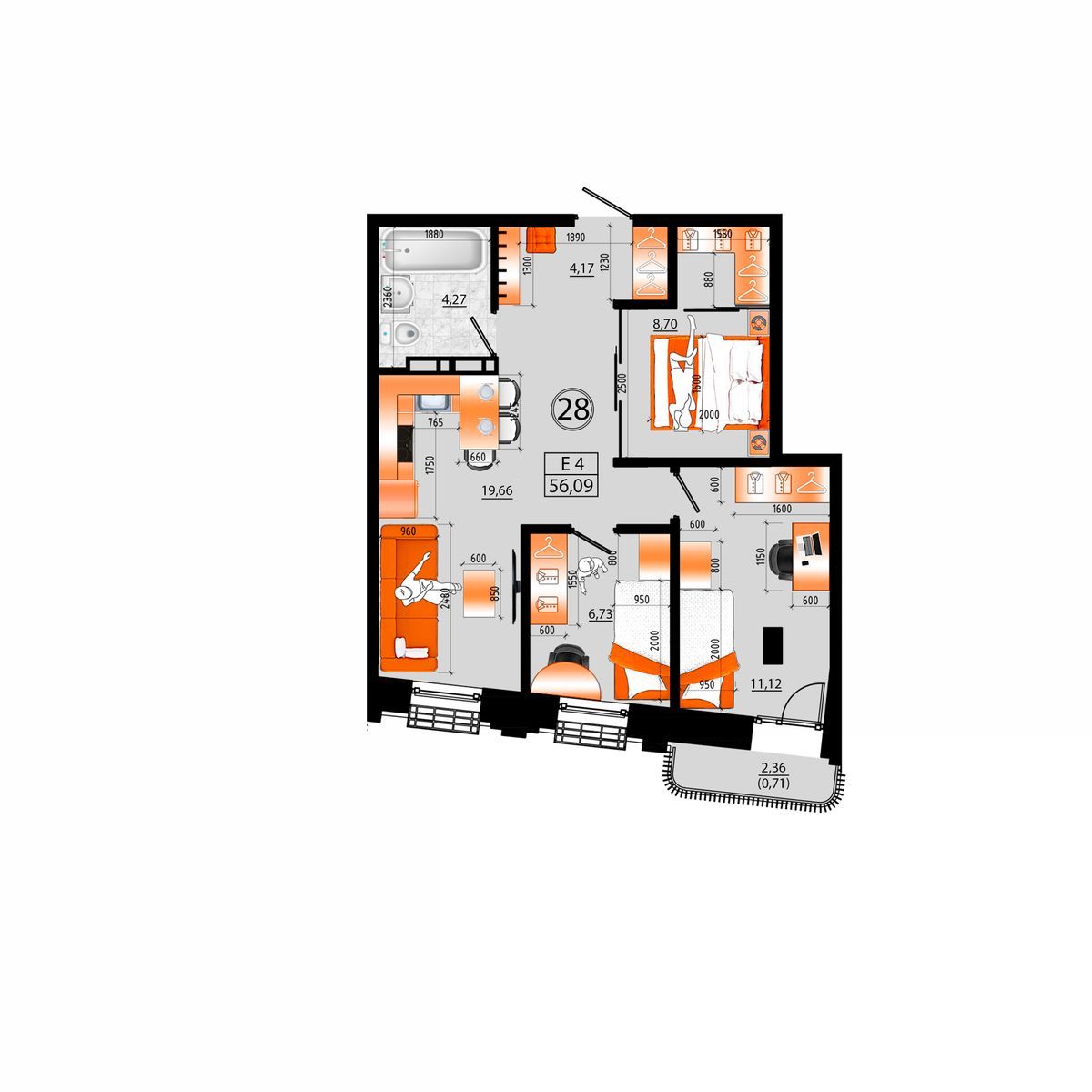 3-комнатная, 56.09 м², № Д-28 в Sunrise (Санрайс)