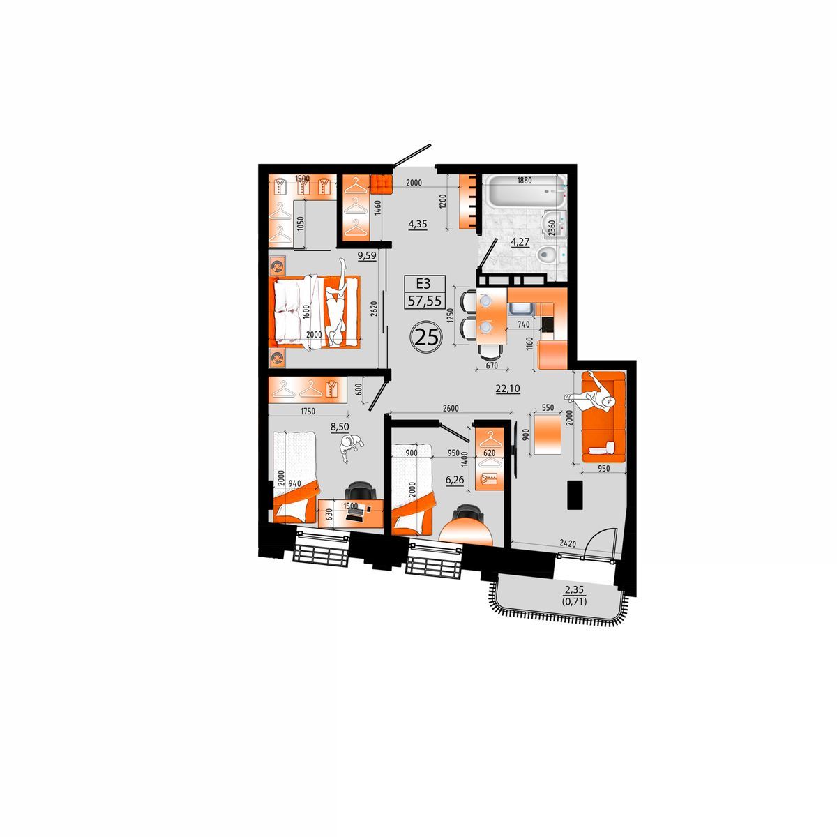 3-комнатная, 57.55 м², № Е-25 в Sunrise (Санрайс)