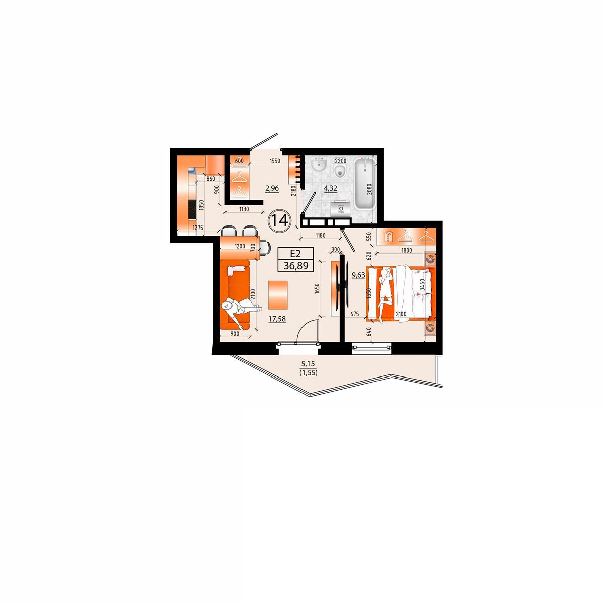 2-комнатная, 36.89 м², № Е-14 в Sunrise (Санрайс)