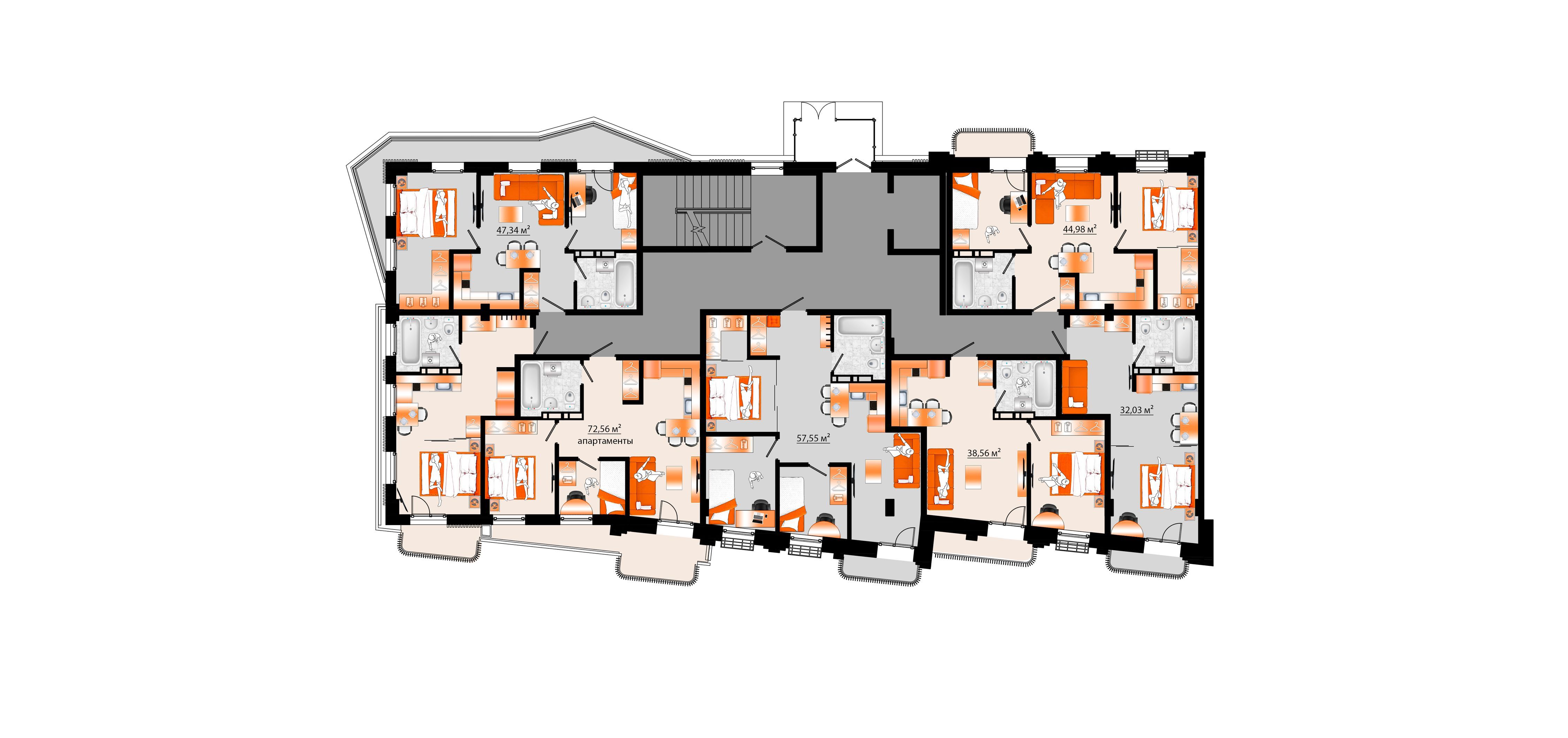 3-комнатная, 57.55 м², № Е-25 в Sunrise (Санрайс)