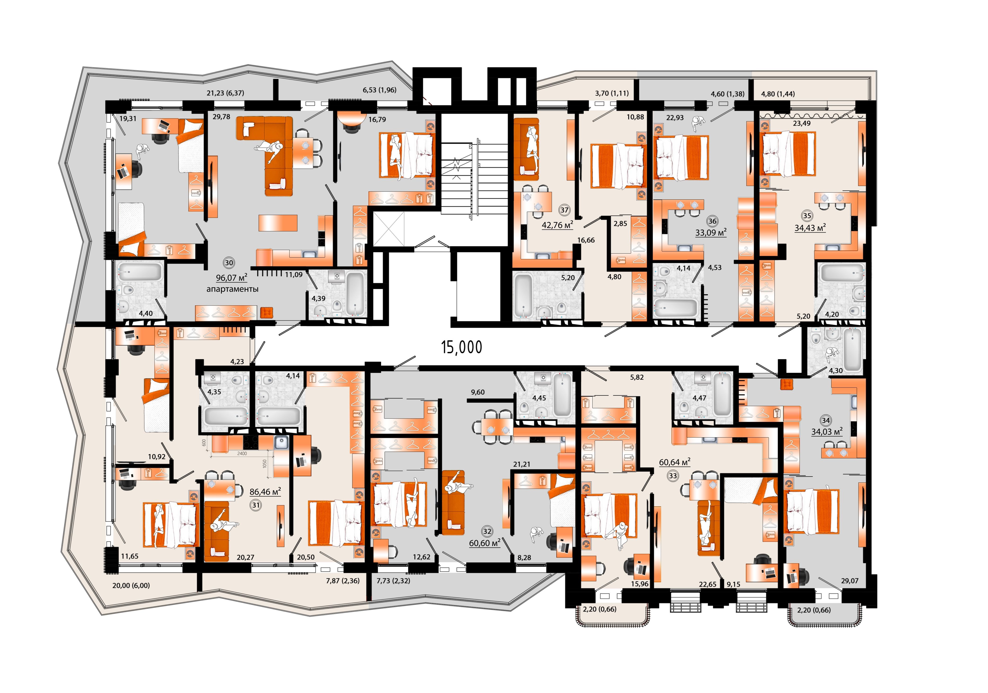 3-комнатная, 60.6 м², № Г-32 в Sunrise (Санрайс)