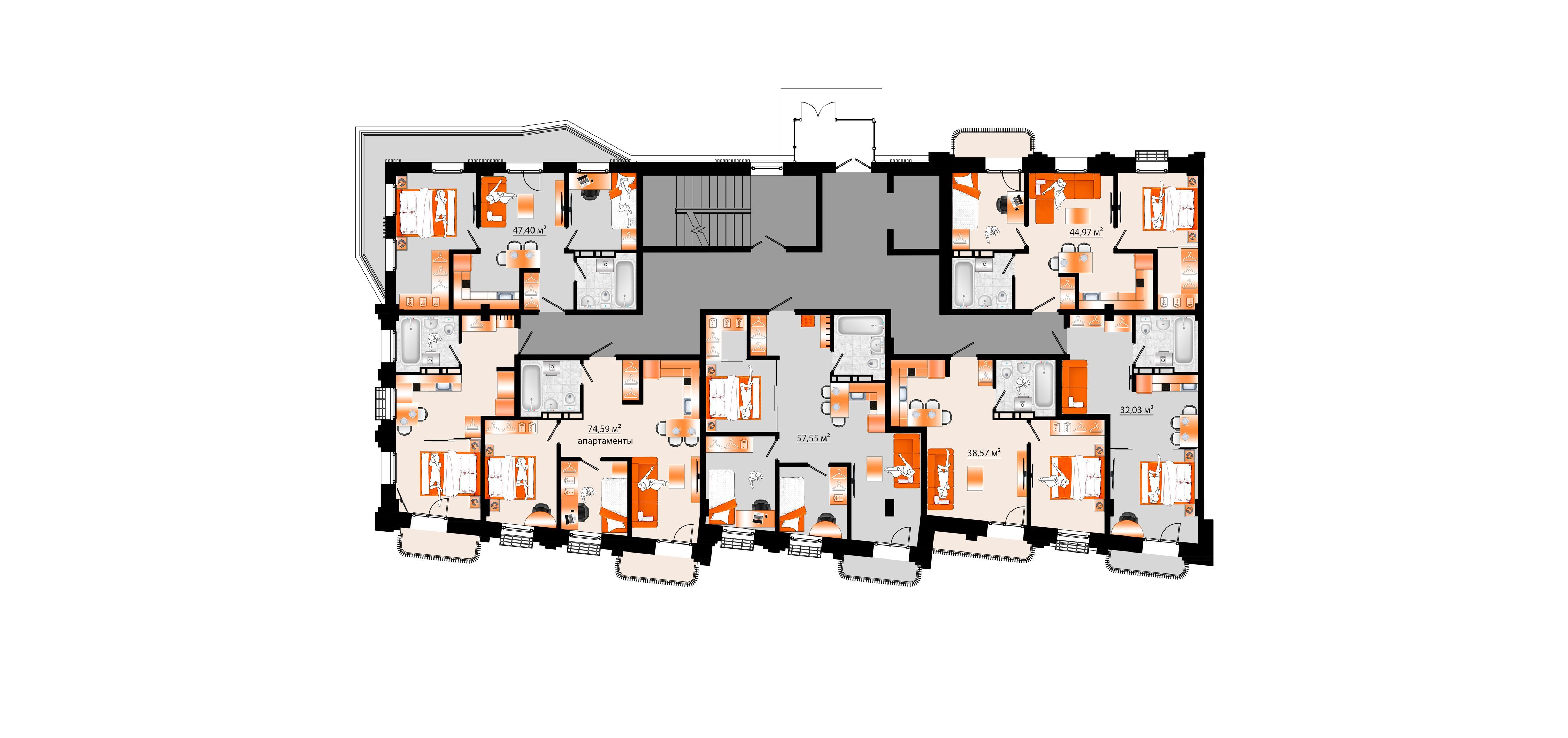3-комнатная, 47.4 м², № Е-17 в Sunrise (Санрайс)
