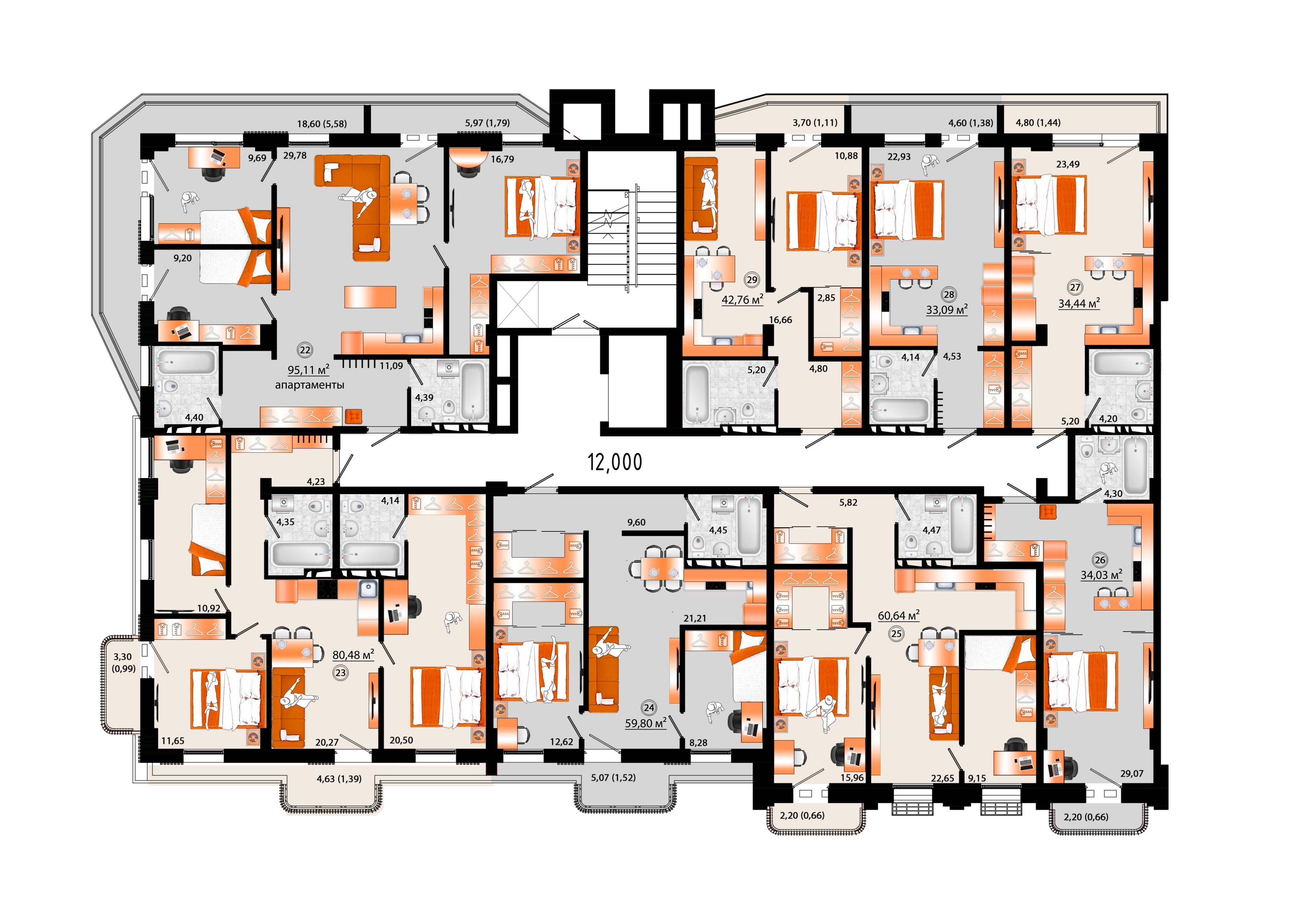 1-комнатная, 34.03 м², № Г-26 в Sunrise (Санрайс)