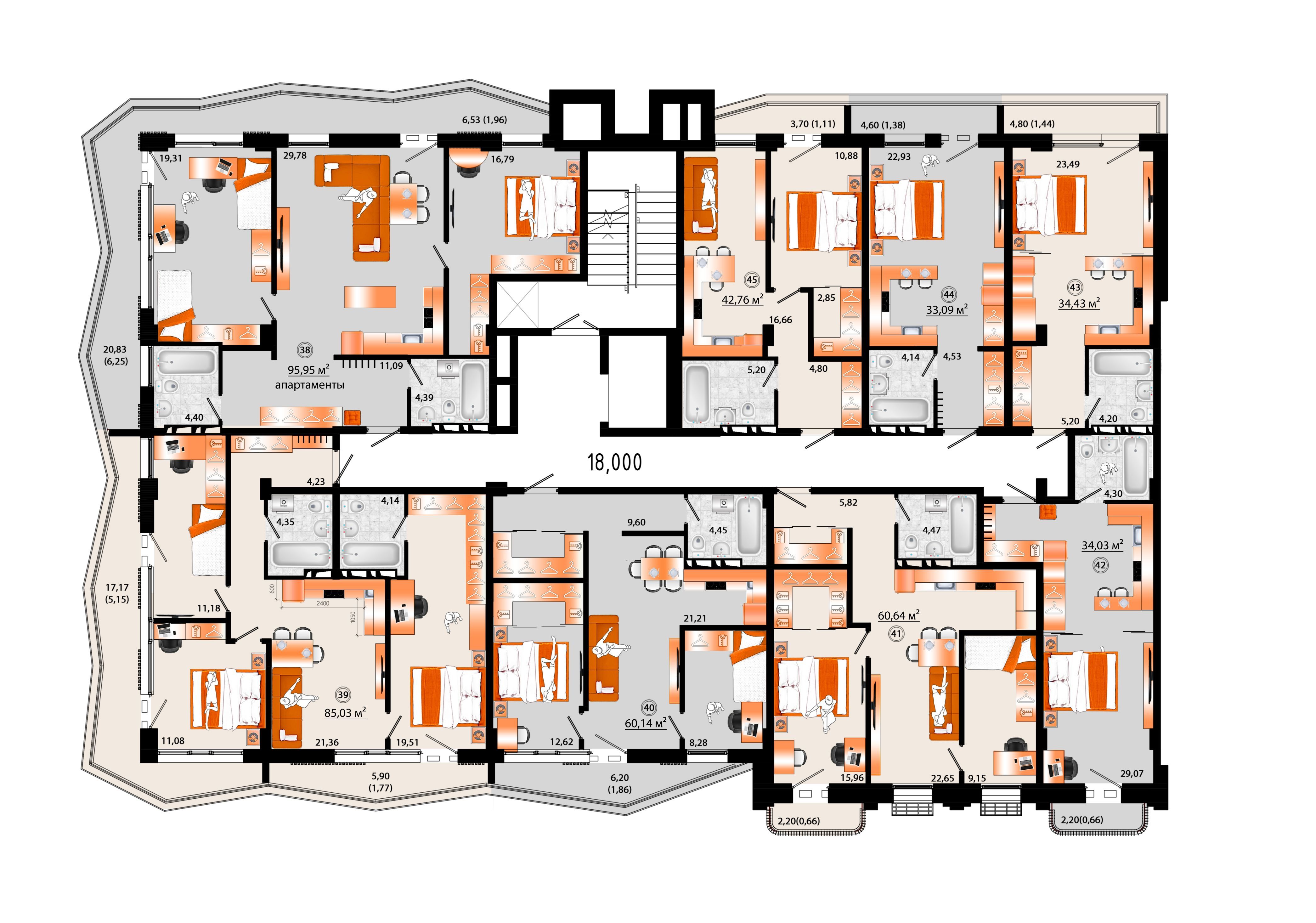 1-комнатная, 34.43 м², № Г-43 в Sunrise (Санрайс)