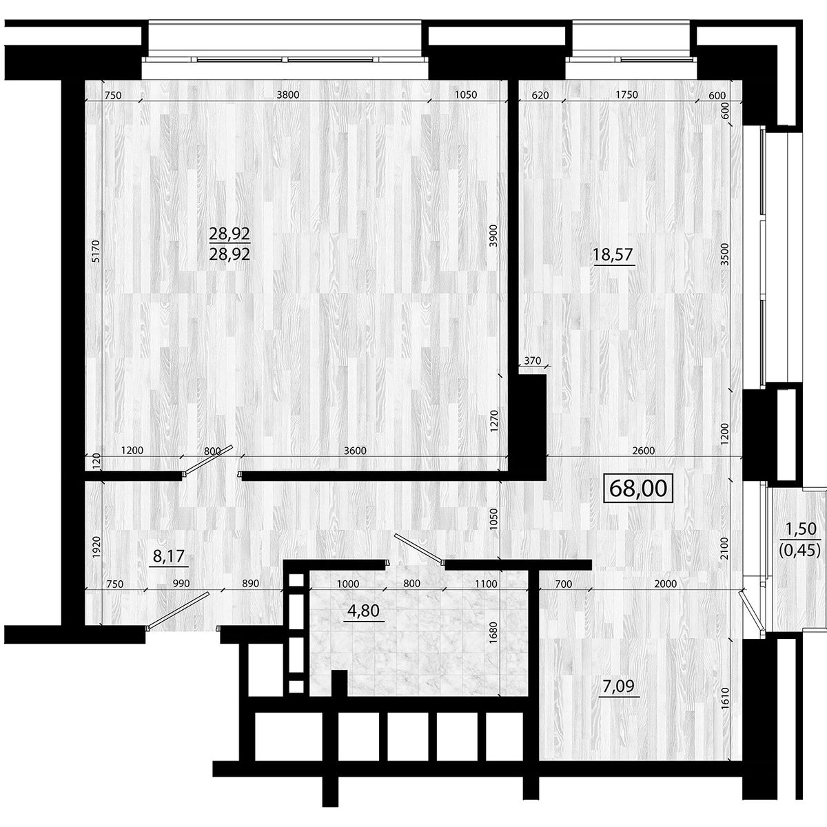 3-комнатная, 68 м², № 101 в Legenda (Легенда)