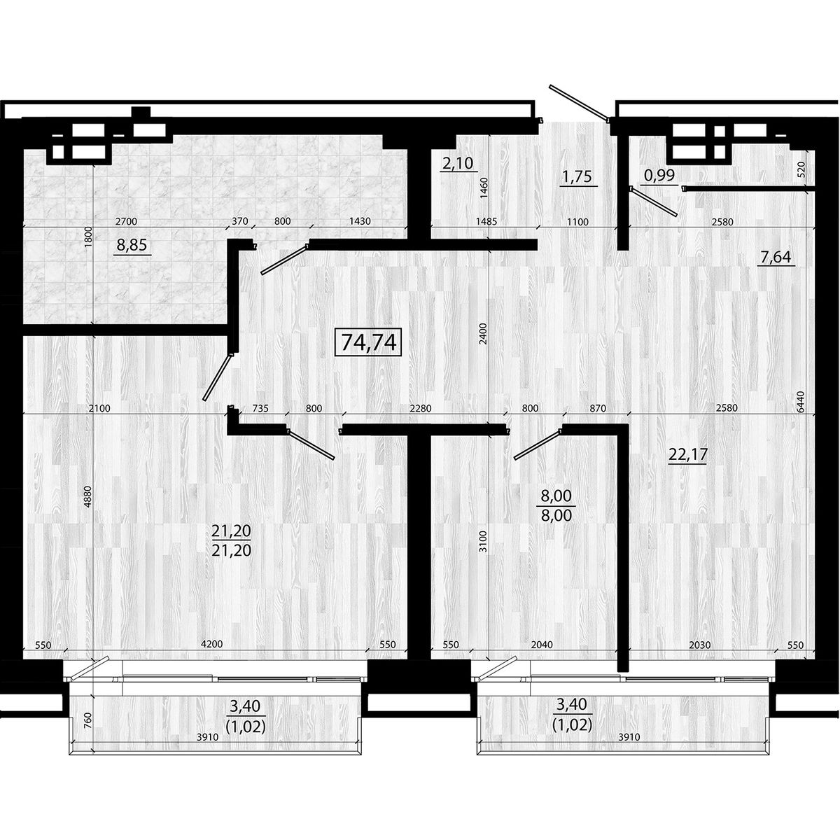 4-комнатная, 74.74 м², № 203 в Legenda (Легенда)