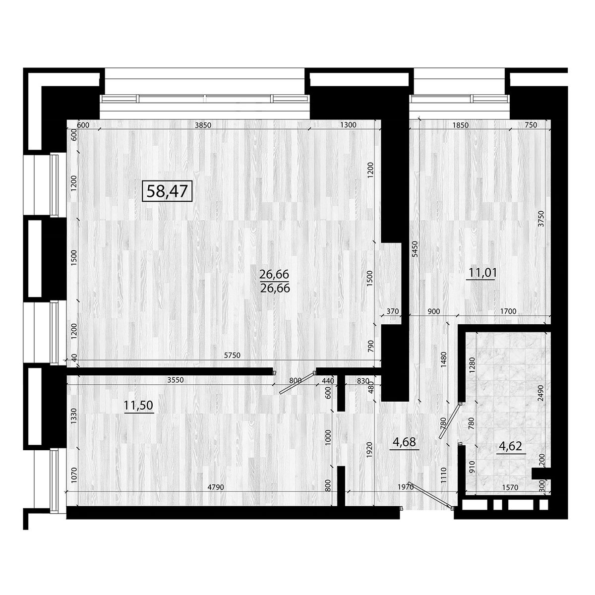 3-комнатная, 58.47 м², № 7 в Legenda (Легенда)