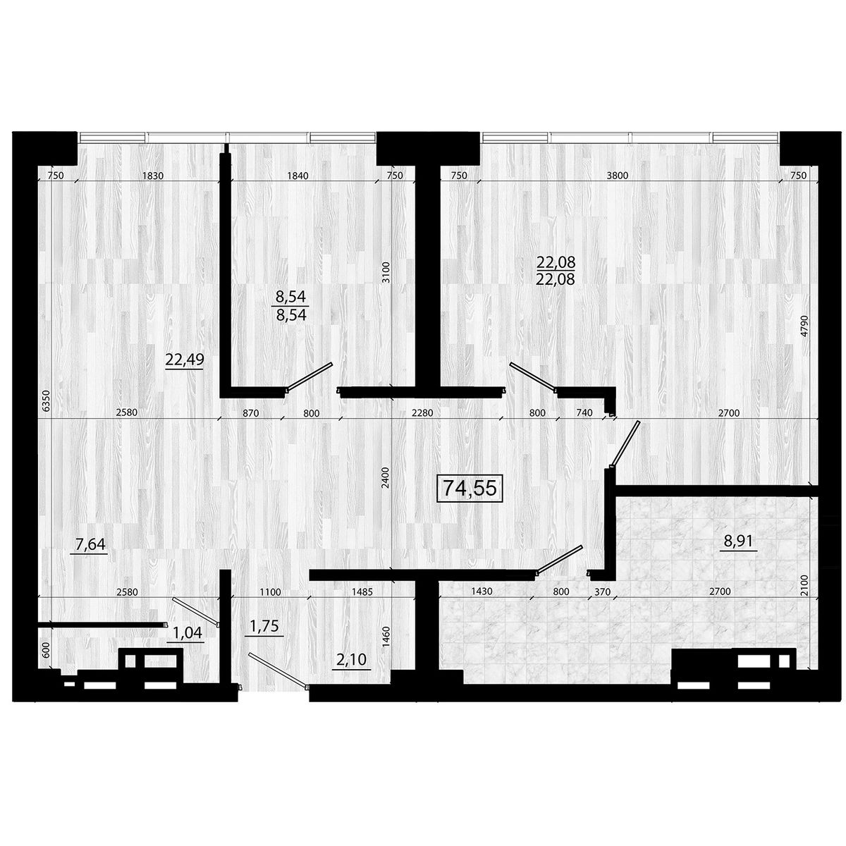 4-комнатная, 74.55 м², № 225 в Legenda (Легенда)