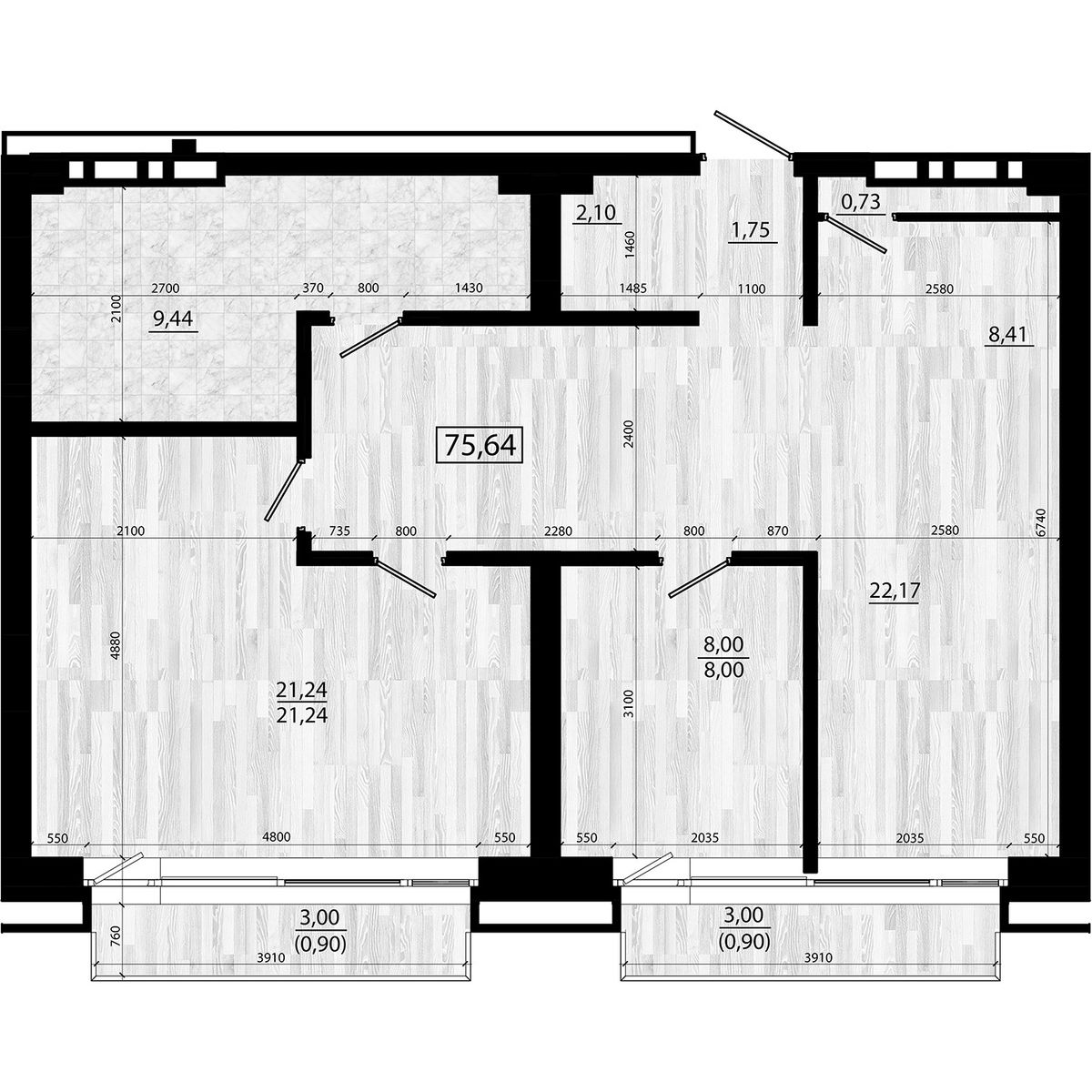 4-комнатная, 75.64 м², № 95 в Legenda (Легенда)